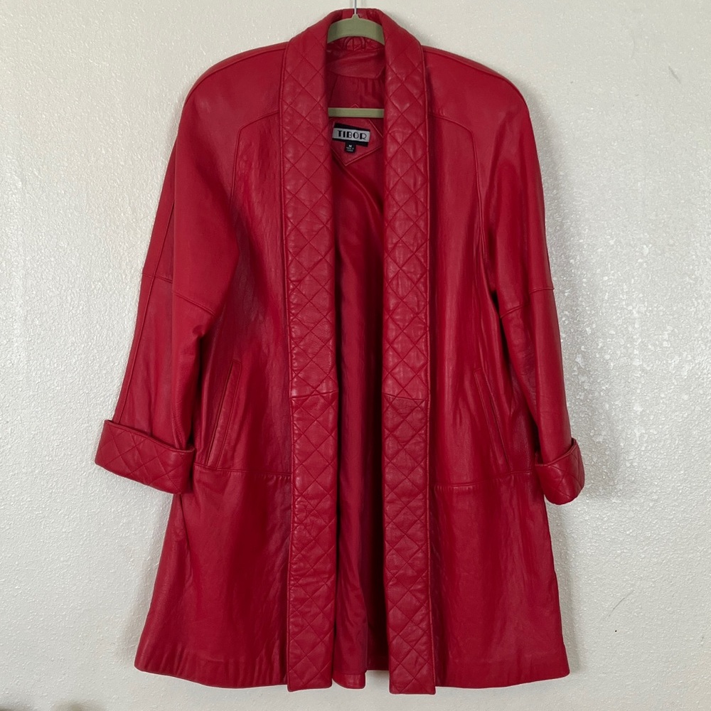VTG Red Leather Open Front Coat, M